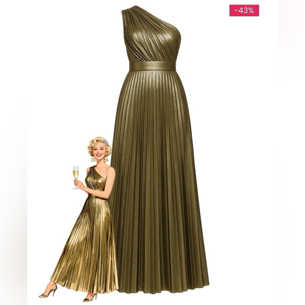 Metallic Gold Pleated One-Shoulder Evening Dress